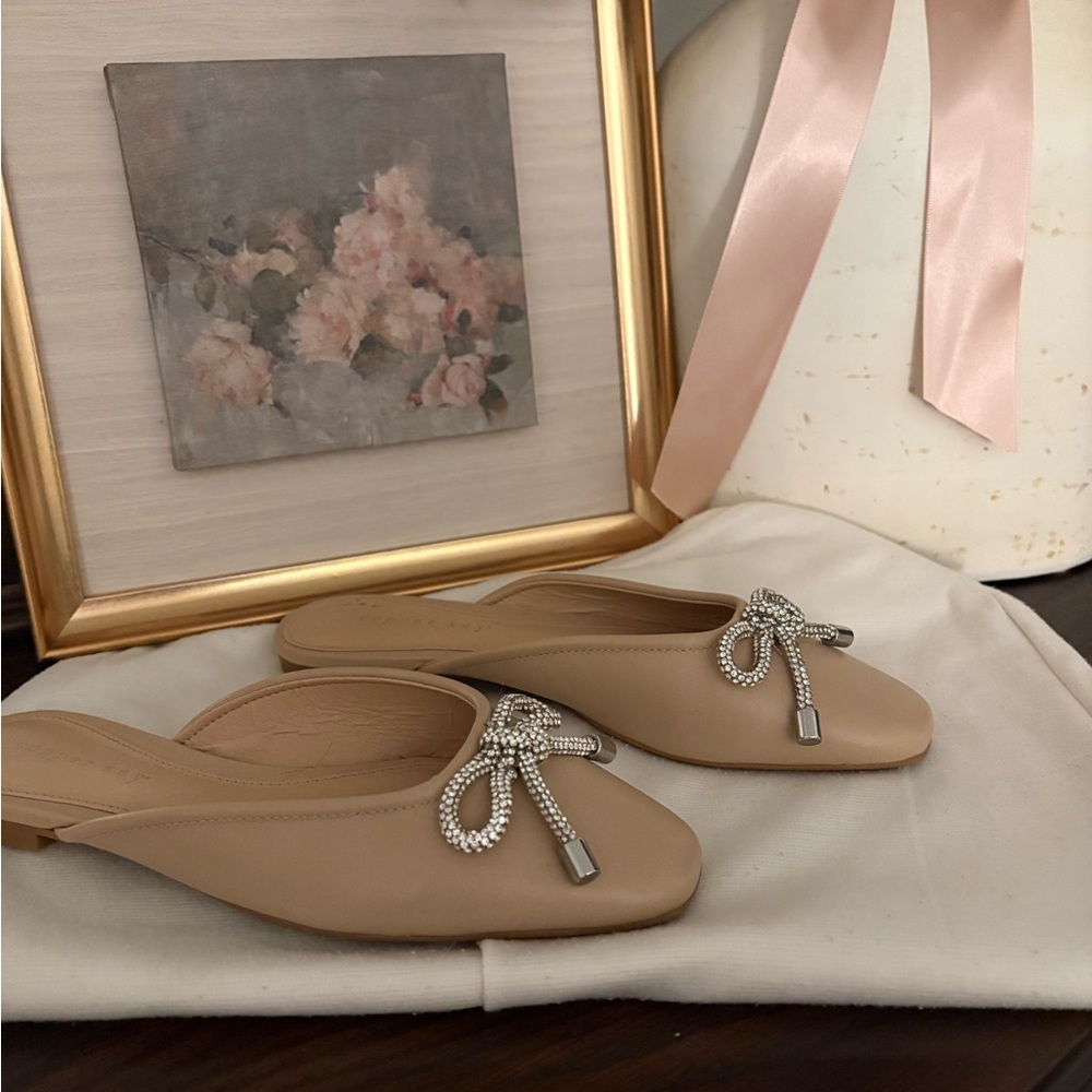 Copper Key Tan Mules with Crystal Bow